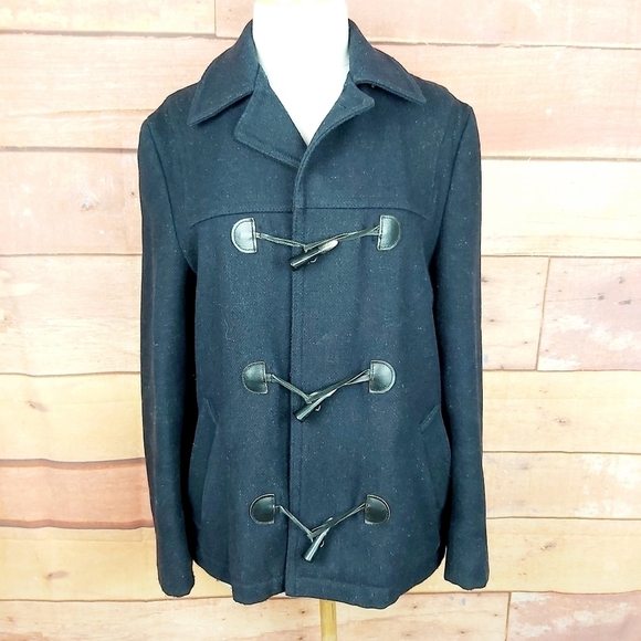 VINTAGE wool pea coat with leather buttonhole winter coat plaid lining fit large - Picture 6 of 11